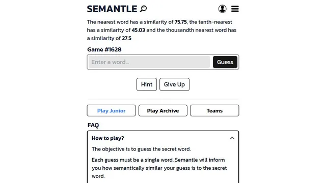 Semantle official game page captured in a desktop browser