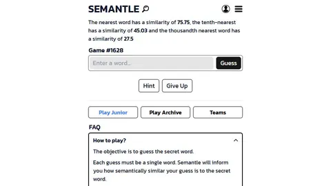 Semantle official game page captured in a desktop browser