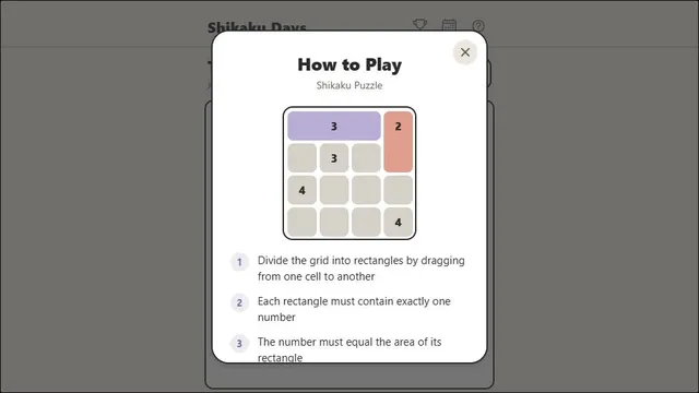 Shikaku official game page captured in a desktop browser