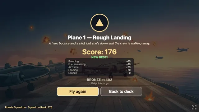 Sixteen Wings result screen showing a rough landing, score 176, and the launch, bombing, fuel, airframe, and landing breakdown