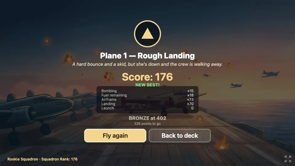 Sixteen Wings result screen showing a rough landing, score 176, and the launch, bombing, fuel, airframe, and landing breakdown