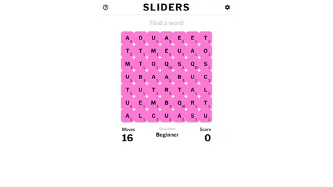 Sliders daily word grid with move count, score ranks, and draggable letters