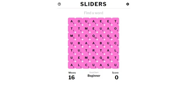 Sliders daily word grid with move count, score ranks, and draggable letters