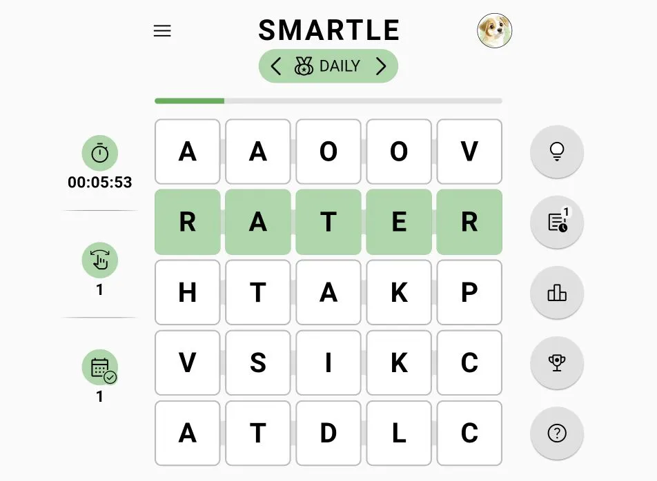 Smartle daily five-by-five letter grid with RATER highlighted as a valid row