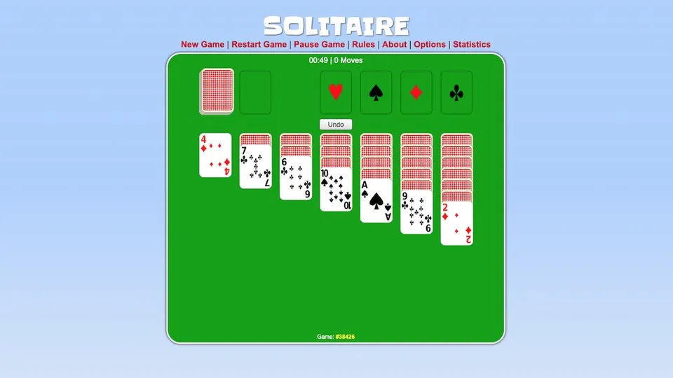 Solitaire official game page captured in a desktop browser