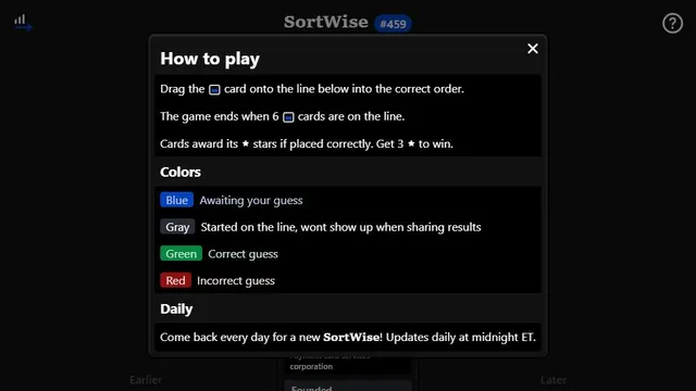 SortWise official game page captured in a desktop browser