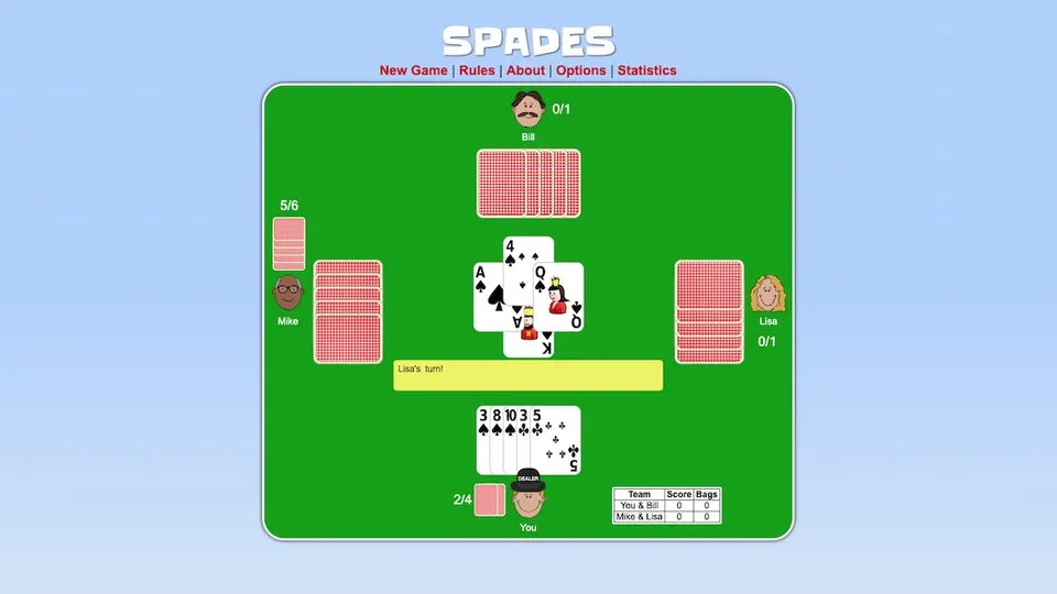 Spades official game page captured in a desktop browser