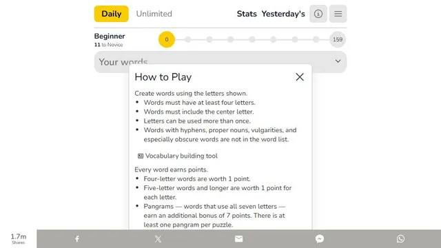 Spelling Bee official game page captured in a desktop browser