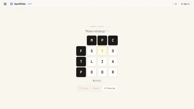 SpellSlide daily word board with fixed tiles, movable letters, and a mystery cell