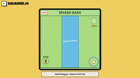 Squarrel Daily Splash Dash minigame with a pond, start and finish points, joystick, timer, and reset countdown