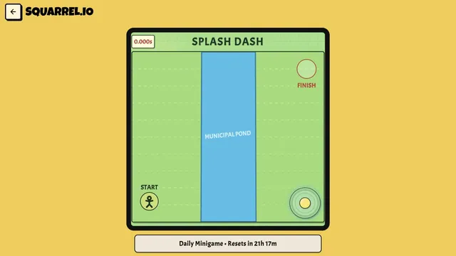 Squarrel Daily Splash Dash minigame with a pond, start and finish points, joystick, timer, and reset countdown