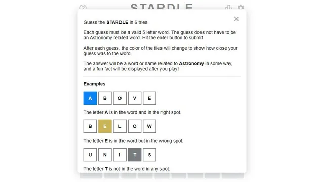 Stardle official game page captured in a desktop browser