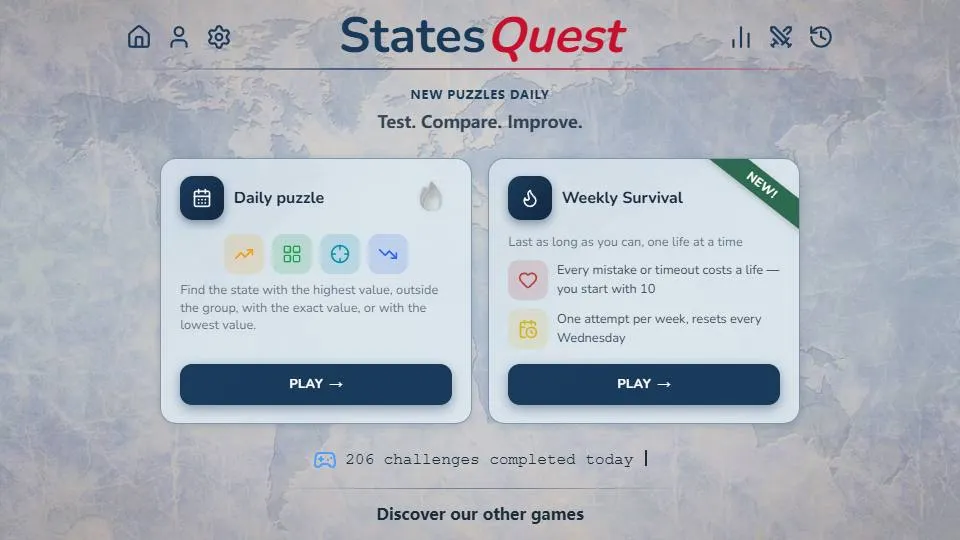 StatesQuest official game page captured in a desktop browser