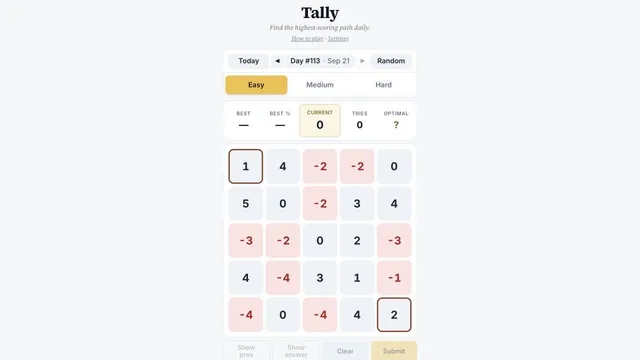 Tally daily Easy number grid with positive and negative cells and two outlined path endpoints