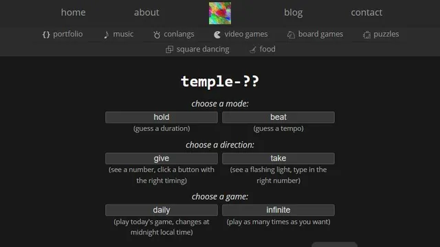 Temple official game page captured in a desktop browser