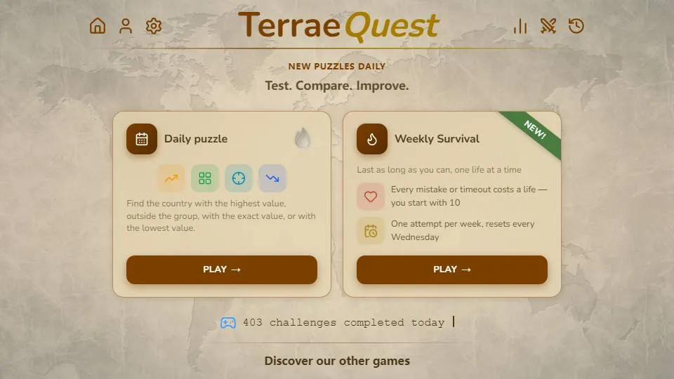 TerraeQuest official game page captured in a desktop browser