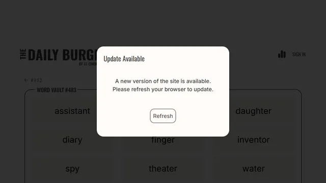 The Daily Burgle official game page captured in a desktop browser