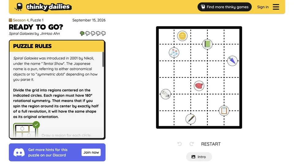 Thinky Dailies Season 4 Spiral Galaxies board with object centers and illustrated symmetry rules