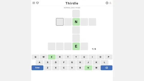 Thirdle cross-shaped three-word board with two green starting letters