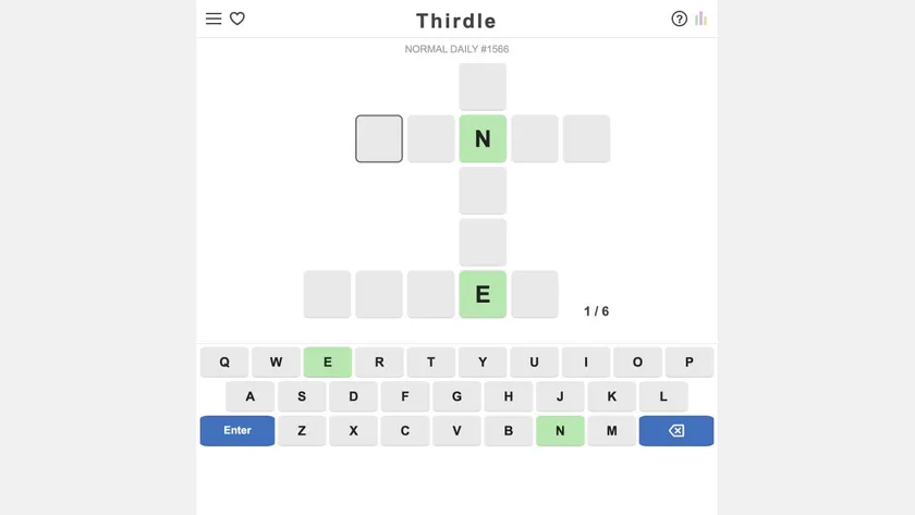 Thirdle cross-shaped three-word board with two green starting letters