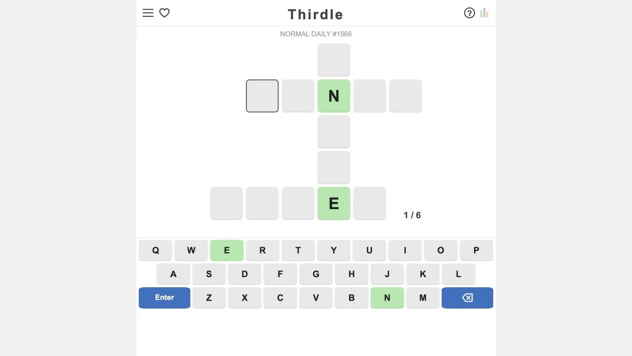 Thirdle cross-shaped three-word board with two green starting letters