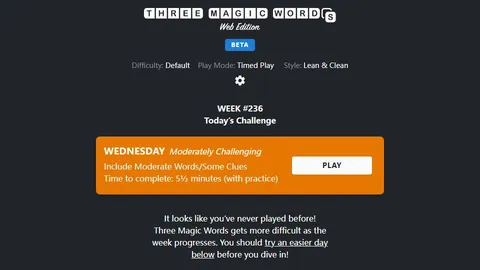 Three Magic Words official game page captured in a desktop browser