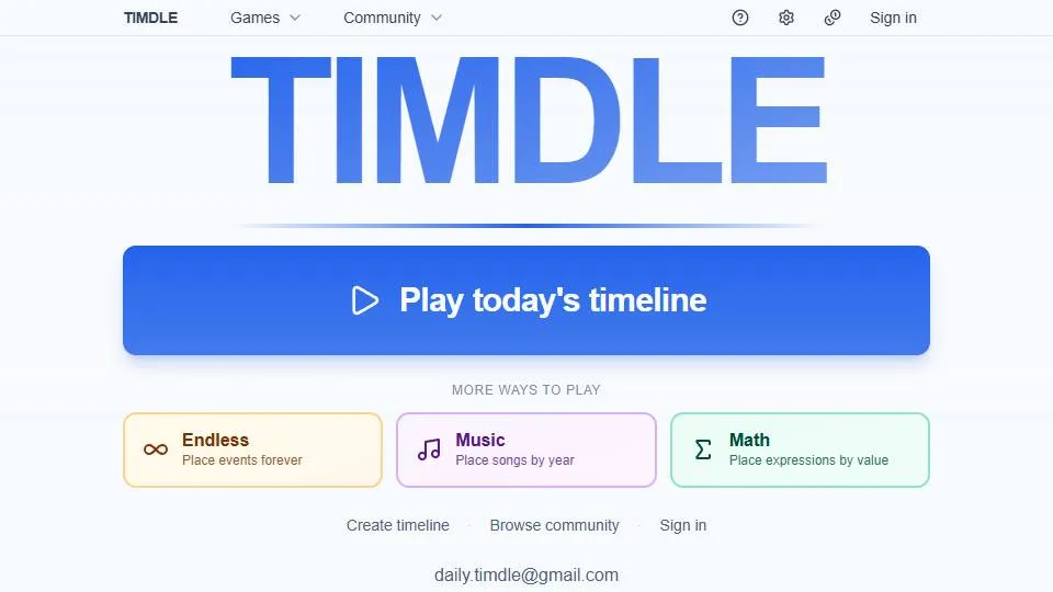 Timdle official game page captured in a desktop browser