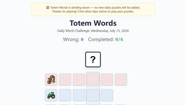 Totem Words official game page captured in a desktop browser