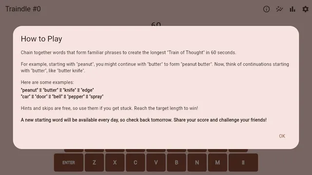 Traindle official game page captured in a desktop browser