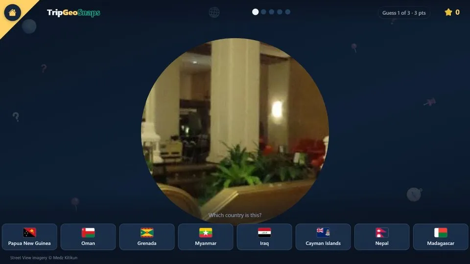 TripGeo Snaps official daily geography game showing a Street View crop and country choices