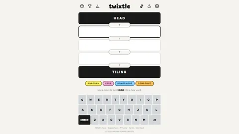 Twixtle daily puzzle showing a start word, four transformation slots, and an end word