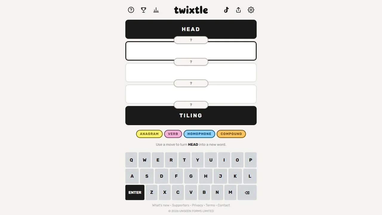 Twixtle daily puzzle showing a start word, four transformation slots, and an end word