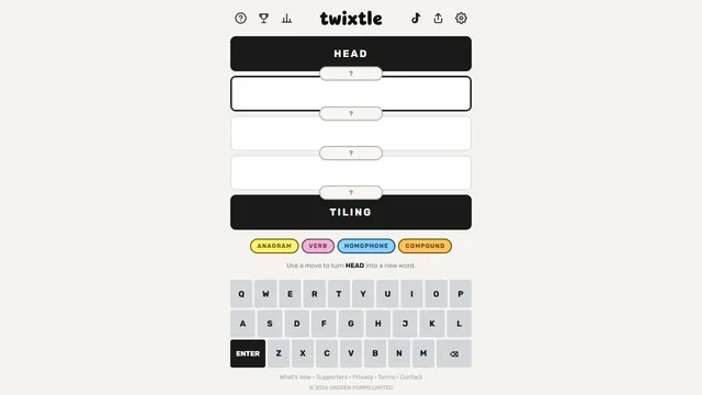 Twixtle daily puzzle showing a start word, four transformation slots, and an end word