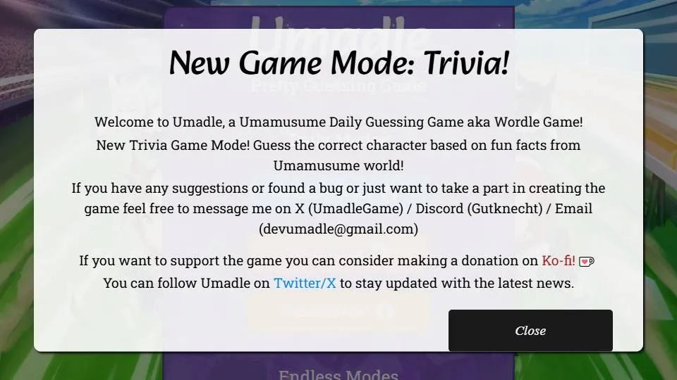 Umadle official game page captured in a desktop browser
