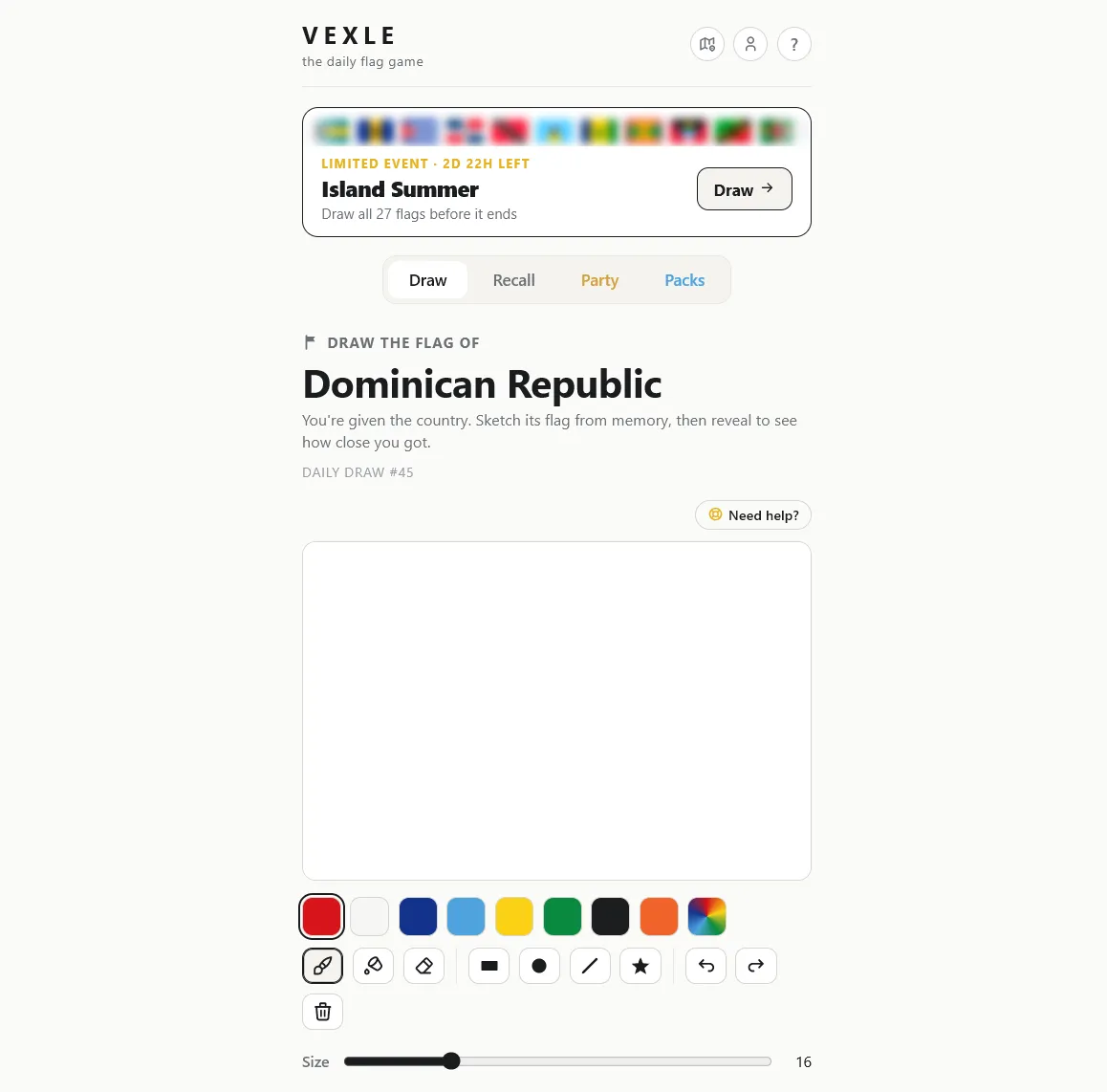Vexle daily flag drawing challenge with the canvas and drawing tools visible