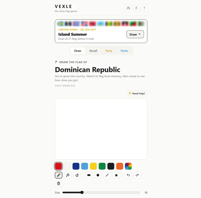 Vexle daily flag drawing challenge with the canvas and drawing tools visible