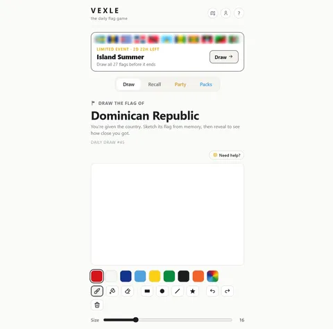 Vexle daily flag drawing challenge with the canvas and drawing tools visible