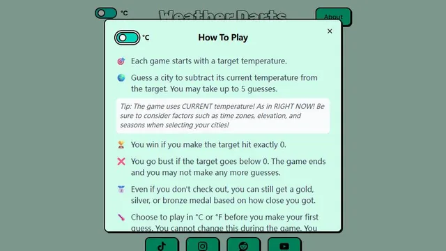Weather Darts official game page captured in a desktop browser