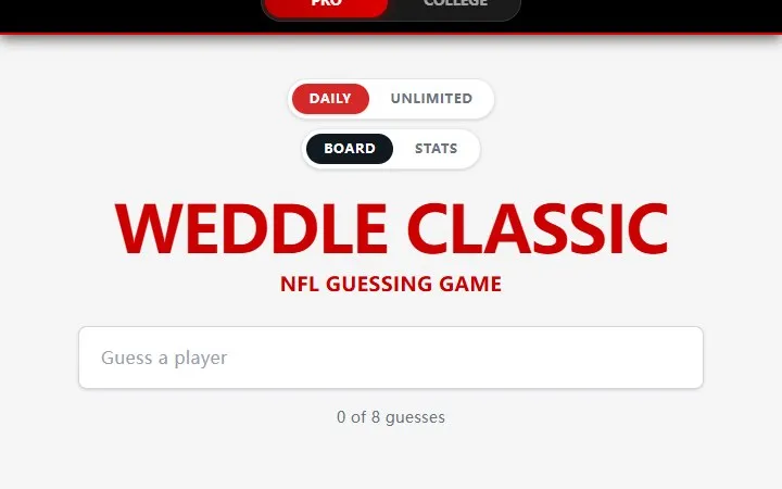 Weddle Classic NFL guessing game with its player search and eight-guess daily board