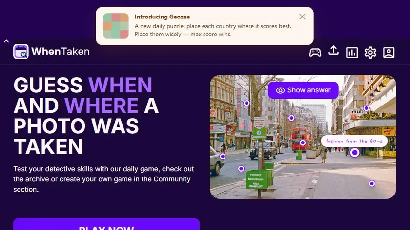 WhenTaken official overview showing a historical street photo with location and decade clues