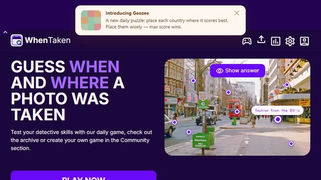 WhenTaken official overview showing a historical street photo with location and decade clues