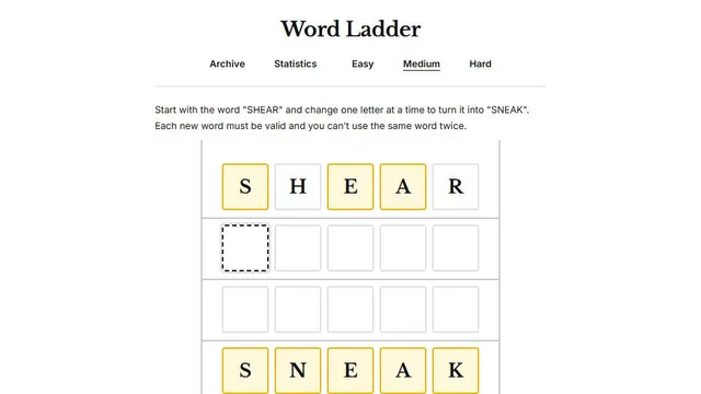 Word Ladder official game page captured in a desktop browser