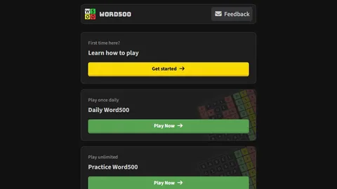 Word500 official game page captured in a desktop browser