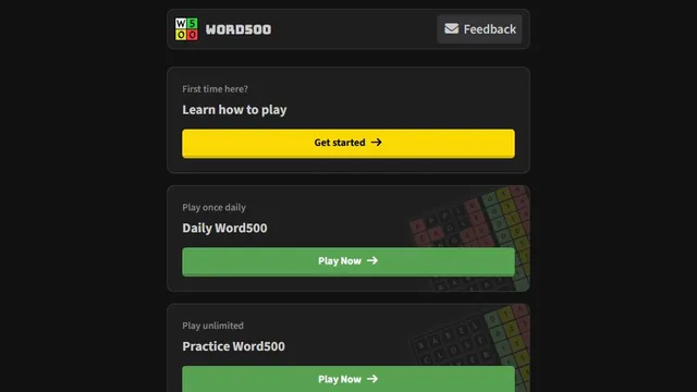 Word500 official game page captured in a desktop browser