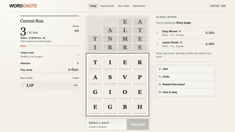 Wordchute daily board after clearing LIP, with upcoming letters and three of 32 tiles removed