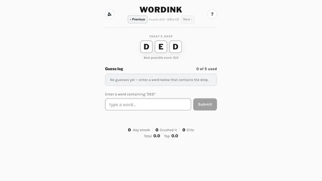 WordInk daily puzzle showing the DED letter drop, empty five-guess log, and word entry field