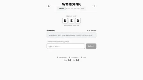 WordInk daily puzzle showing the DED letter drop, empty five-guess log, and word entry field