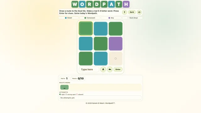 WordPath daily puzzle with a colored route grid and ten-attempt word feedback panel
