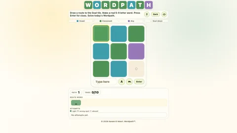 WordPath daily puzzle with a colored route grid and ten-attempt word feedback panel