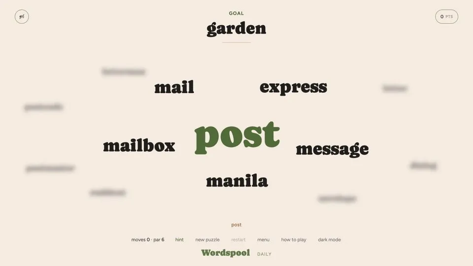 Wordspool daily puzzle with post as the current word, garden as the goal, and visible neighboring words